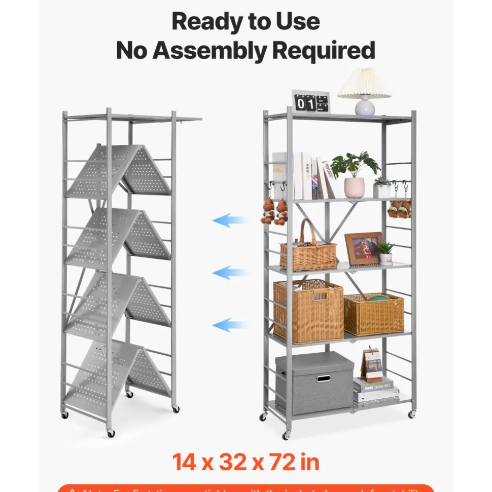 VEVOR 5-Tier Foldable Storage Shelf, 32W x 14D x 72H Inch Folding Metal Rack Shelving Unit, No Assembly Organizer Shelf with 5 Wheels & 4 Hooks for Pantry, Kitchen, Garage, Basement, Grey