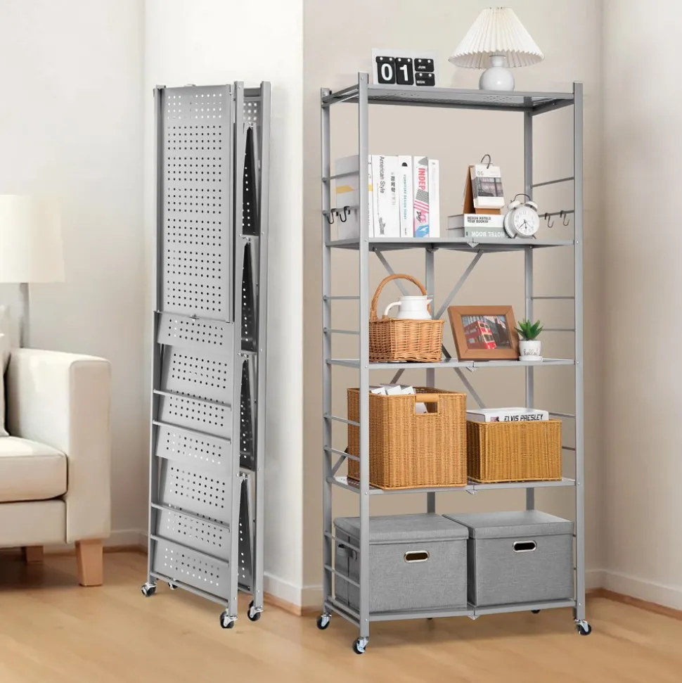 VEVOR 5-Tier Foldable Storage Shelf, 32W x 14D x 72H Inch Folding Metal Rack Shelving Unit, No Assembly Organizer Shelf with 5 Wheels & 4 Hooks for Pantry, Kitchen, Garage, Basement, Grey
