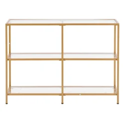 VEVOR 3-Tier Glass Console Table, Modern Rectangle Sofa Side Table with Tempered Glass Top and Iron Legs, Golden Consloe Desk with Anti-Tip Device for Living Room, Hallway, Entryway, Foyer, Golden