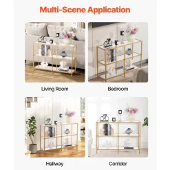 VEVOR 3-Tier Glass Console Table, Modern Rectangle Sofa Side Table with Tempered Glass Top and Iron Legs, Golden Consloe Desk with Anti-Tip Device for Living Room, Hallway, Entryway, Foyer, Golden