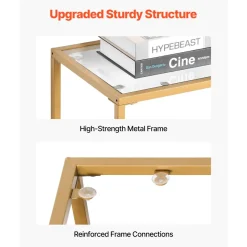 VEVOR 3-Tier Glass Console Table, Modern Rectangle Sofa Side Table with Tempered Glass Top and Iron Legs, Golden Consloe Desk with Anti-Tip Device for Living Room, Hallway, Entryway, Foyer, Golden