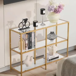 VEVOR 3-Tier Glass Console Table, Modern Rectangle Sofa Side Table with Tempered Glass Top and Iron Legs, Golden Consloe Desk with Anti-Tip Device for Living Room, Hallway, Entryway, Foyer, Golden