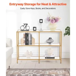 VEVOR 3-Tier Glass Console Table, Modern Rectangle Sofa Side Table with Tempered Glass Top and Iron Legs, Golden Consloe Desk with Anti-Tip Device for Living Room, Hallway, Entryway, Foyer, Golden