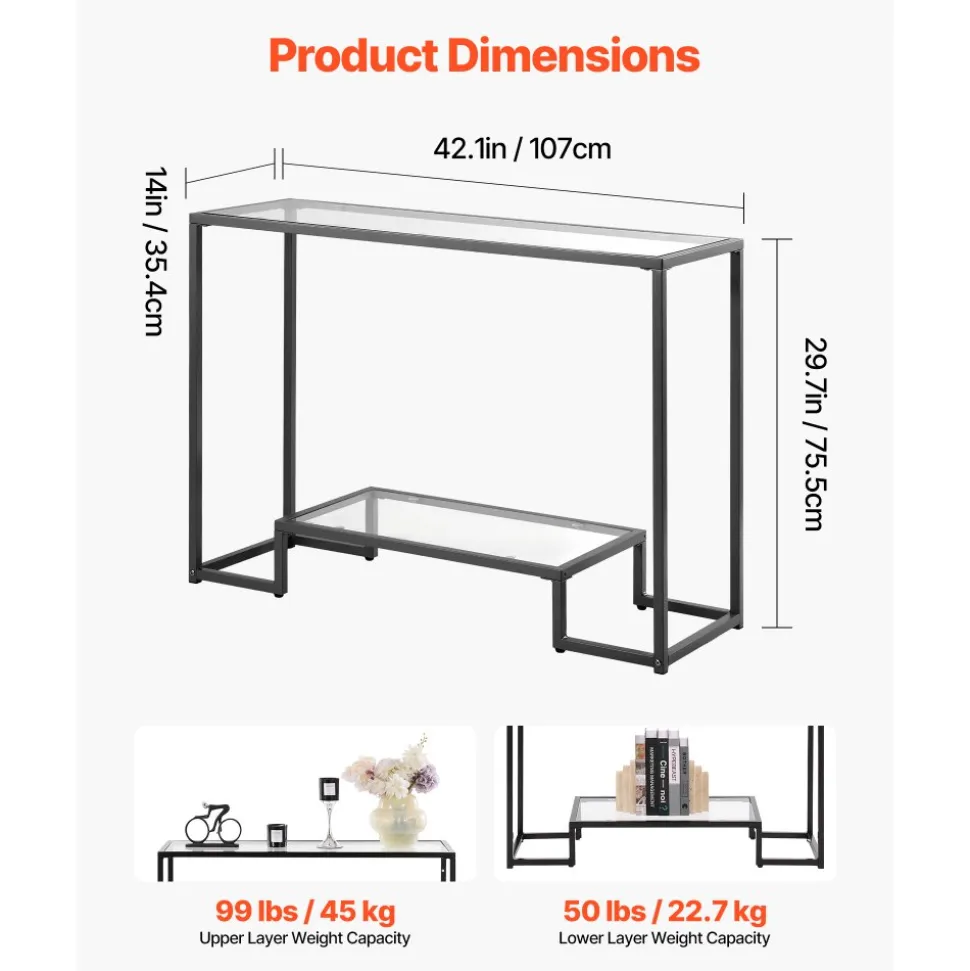 VEVOR 2-Tier Glass Console Table, Modern Rectangle Sofa Side Table with Tempered Glass Top and Iron Legs, Golden Consloe Desk with Anti-Tip Device for Living Room, Hallway, Entryway, Foyer, Black