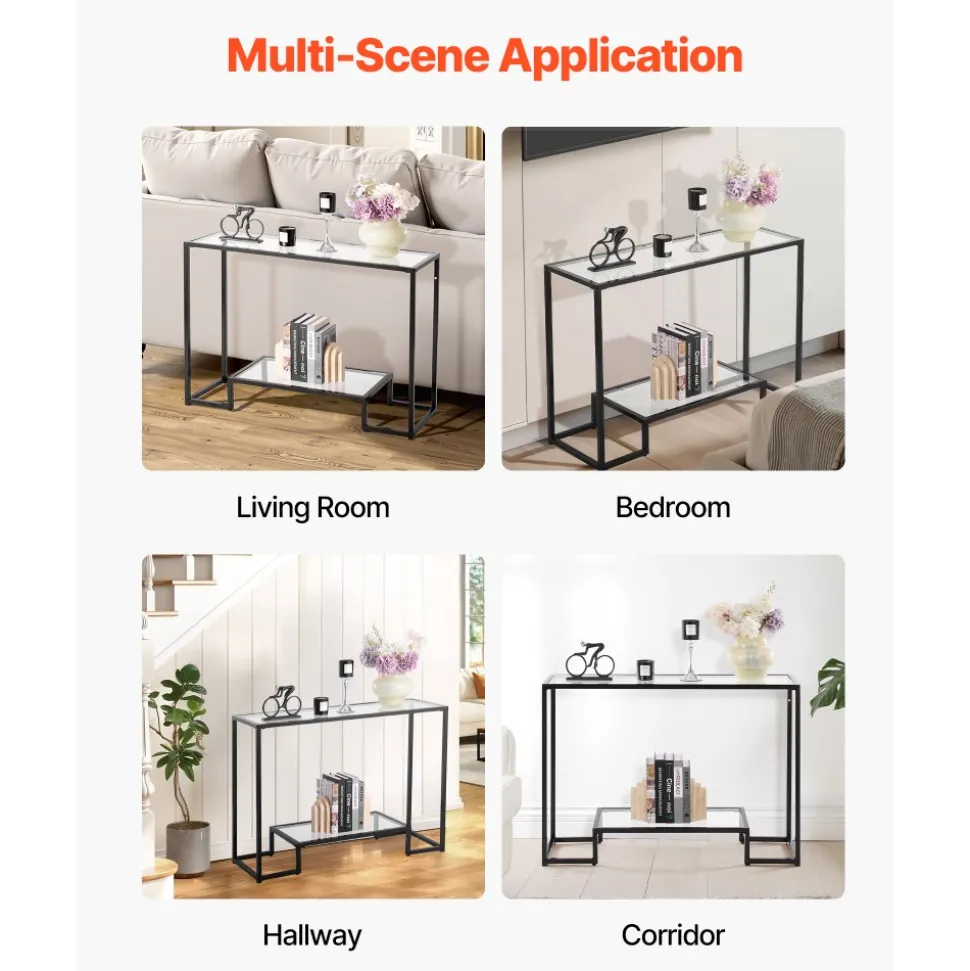 VEVOR 2-Tier Glass Console Table, Modern Rectangle Sofa Side Table with Tempered Glass Top and Iron Legs, Golden Consloe Desk with Anti-Tip Device for Living Room, Hallway, Entryway, Foyer, Black