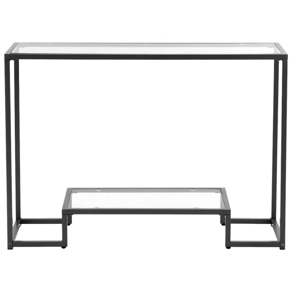 VEVOR 2-Tier Glass Console Table, Modern Rectangle Sofa Side Table with Tempered Glass Top and Iron Legs, Golden Consloe Desk with Anti-Tip Device for Living Room, Hallway, Entryway, Foyer, Black