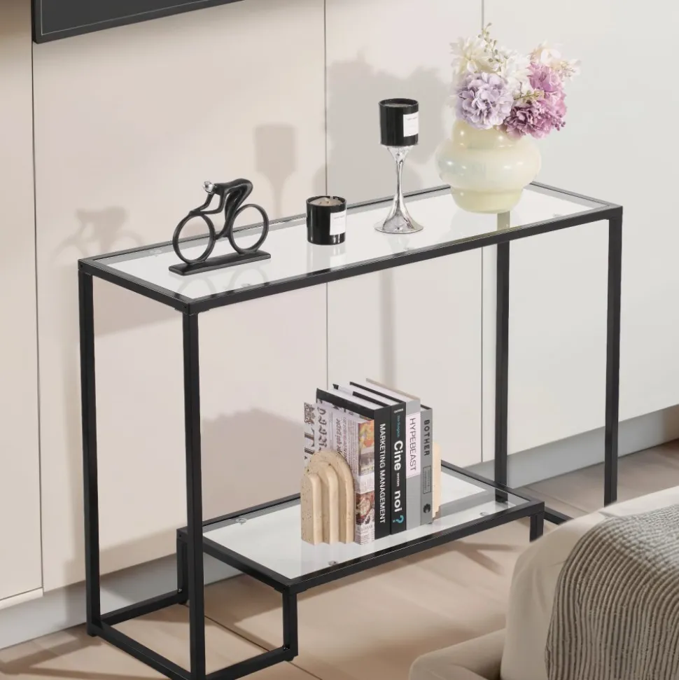VEVOR 2-Tier Glass Console Table, Modern Rectangle Sofa Side Table with Tempered Glass Top and Iron Legs, Golden Consloe Desk with Anti-Tip Device for Living Room, Hallway, Entryway, Foyer, Black