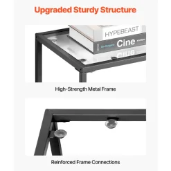 VEVOR 2-Tier Glass Console Table, Modern Rectangle Sofa Side Table with Tempered Glass Top and Iron Legs, Golden Consloe Desk with Anti-Tip Device for Living Room, Hallway, Entryway, Foyer, Black