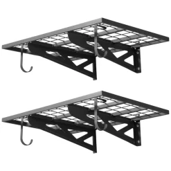 VEVOR 2-Tier Heavy Duty Wall Garage Shelving, 2 x 3 ft Steel Wall Mounted Shelving Unit with Hooks, 24 x 36 Inch Per Shelf Floating Storage Metal Rack for Garage, 500 lbs Total Weight Capacity, Black