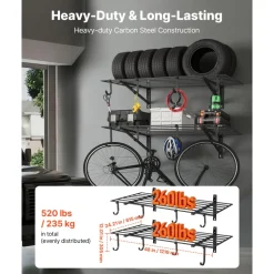 VEVOR 2-Tier Heavy Duty Wall Garage Shelving, 2 x 4 ft Steel Wall Mounted Shelving Unit with Hooks, 24 x 48 Inch Per Shelf Floating Storage Metal Rack for Garage, 520 lbs Total Weight Capacity, Black