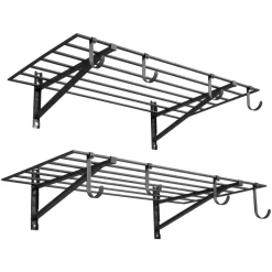 VEVOR 2-Tier Heavy Duty Wall Garage Shelving, 2 x 4 ft Steel Wall Mounted Shelving Unit with Hooks, 24 x 48 Inch Per Shelf Floating Storage Metal Rack for Garage, 520 lbs Total Weight Capacity, Black