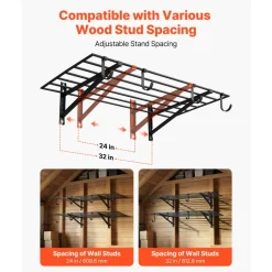 VEVOR 2-Tier Heavy Duty Wall Garage Shelving, 2 x 4 ft Steel Wall Mounted Shelving Unit with Hooks, 24 x 48 Inch Per Shelf Floating Storage Metal Rack for Garage, 520 lbs Total Weight Capacity, Black