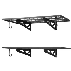 VEVOR 2-Tier Heavy Duty Wall Garage Shelving, 2 x 4 ft Steel Wall Mounted Shelving Unit with Hooks, 24 x 48 Inch Per Shelf Floating Storage Metal Rack for Garage, 500 lbs Total Weight Capacity, Black