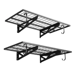 VEVOR 2-Tier Heavy Duty Wall Garage Shelving, 2 x 4 ft Steel Wall Mounted Shelving Unit with Hooks, 24 x 48 Inch Per Shelf Floating Storage Metal Rack for Garage, 500 lbs Total Weight Capacity, Black