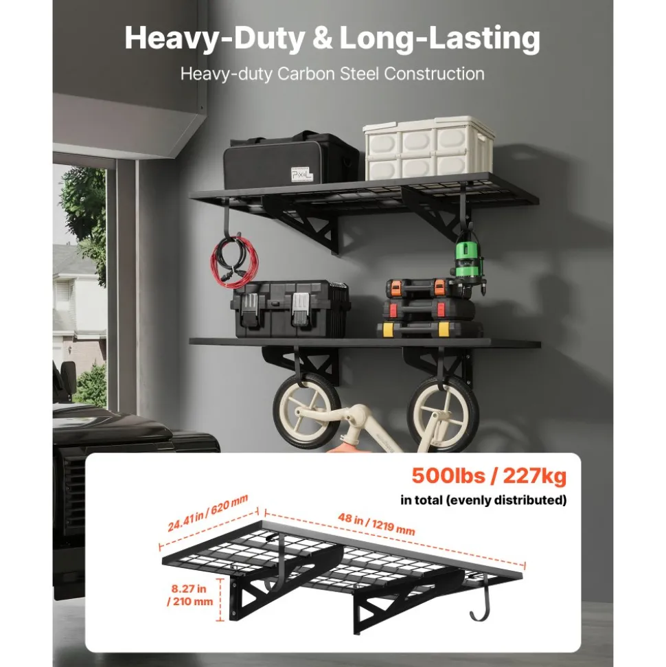 VEVOR 2-Tier Heavy Duty Wall Garage Shelving, 2 x 4 ft Steel Wall Mounted Shelving Unit with Hooks, 24 x 48 Inch Per Shelf Floating Storage Metal Rack for Garage, 500 lbs Total Weight Capacity, Black