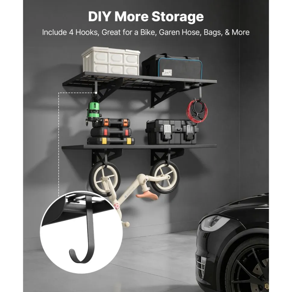 VEVOR 2-Tier Heavy Duty Wall Garage Shelving, 2 x 4 ft Steel Wall Mounted Shelving Unit with Hooks, 24 x 48 Inch Per Shelf Floating Storage Metal Rack for Garage, 500 lbs Total Weight Capacity, Black
