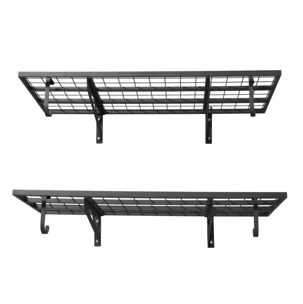 VEVOR 2-Tier Heavy Duty Wall Garage Shelving, 2 x 4 ft Steel Wall Mounted Shelving Unit with Hooks, 24 x 48 Inch Per Shelf Floating Storage Metal Rack for Garage, 500 lbs Total Weight Capacity, Black