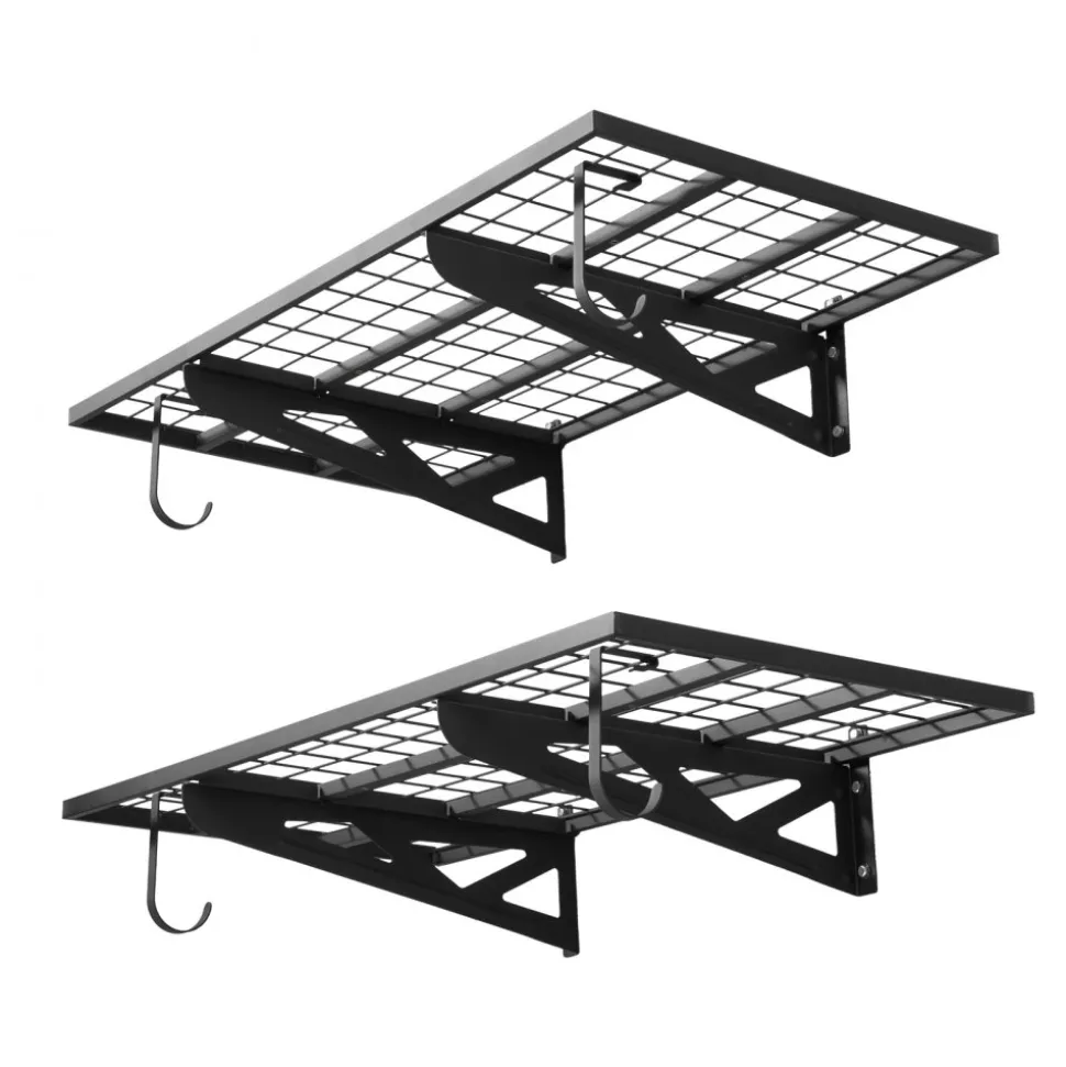 VEVOR 2-Tier Heavy Duty Wall Garage Shelving, 2 x 4 ft Steel Wall Mounted Shelving Unit with Hooks, 24 x 48 Inch Per Shelf Floating Storage Metal Rack for Garage, 500 lbs Total Weight Capacity, Black