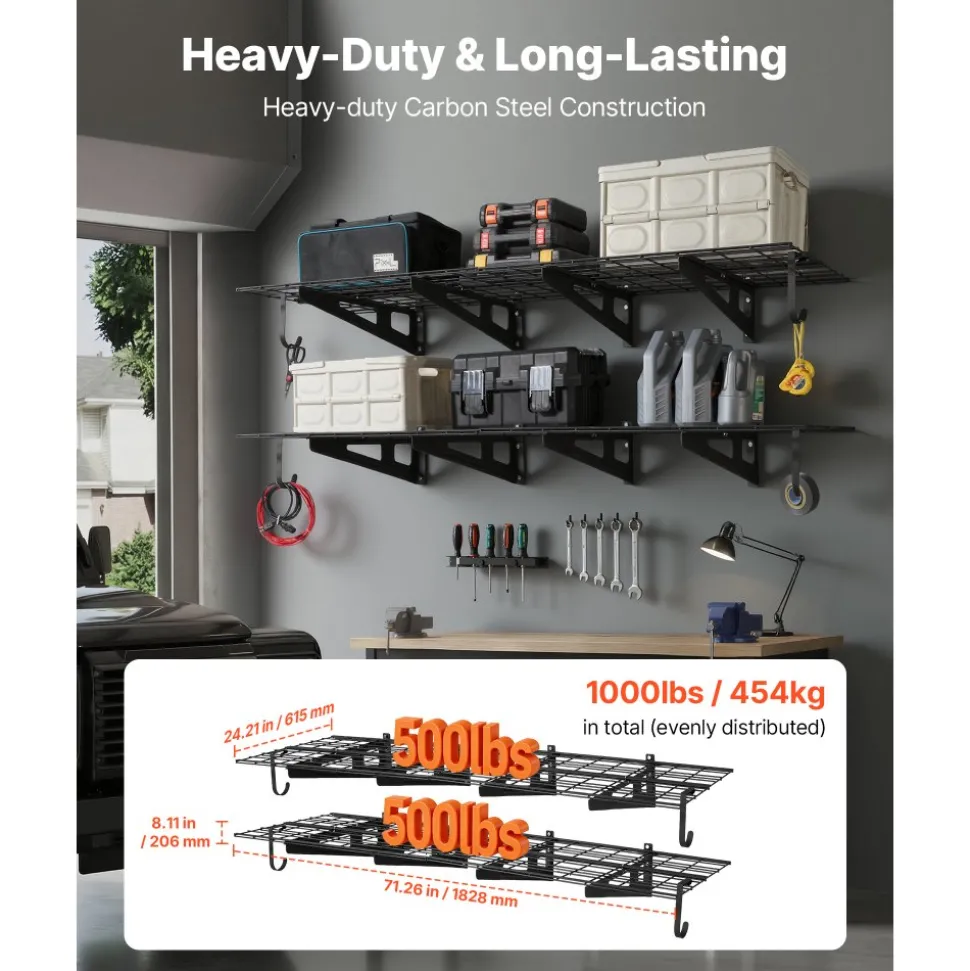 VEVOR 2-Tier Heavy Duty Wall Garage Shelving, 8 Pack 1 x 3 ft Steel Wall Mounted Shelving Unit with Hooks, 24 x 72 Inch Per Shelf Floating Storage Metal Rack, 1000 lbs Total Weight Capacity, Black