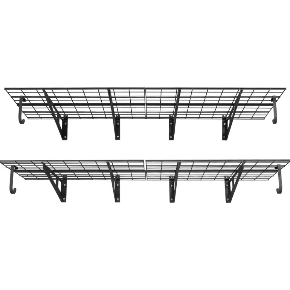 VEVOR 2-Tier Heavy Duty Wall Garage Shelving, 8 Pack 1 x 3 ft Steel Wall Mounted Shelving Unit with Hooks, 24 x 72 Inch Per Shelf Floating Storage Metal Rack, 1000 lbs Total Weight Capacity, Black
