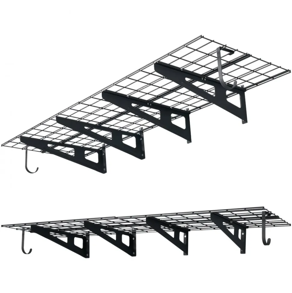 VEVOR 2-Tier Heavy Duty Wall Garage Shelving, 8 Pack 1 x 3 ft Steel Wall Mounted Shelving Unit with Hooks, 24 x 72 Inch Per Shelf Floating Storage Metal Rack, 1000 lbs Total Weight Capacity, Black