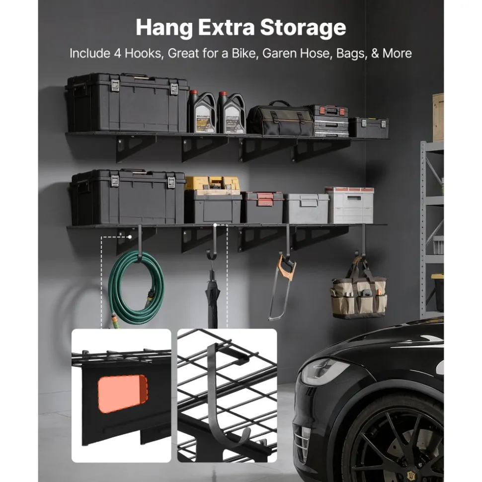 VEVOR 2-Tier Heavy Duty Wall Garage Shelving, 8 Pack 1 x 3 ft Steel Wall Mounted Shelving Unit with Hooks, 24 x 72 Inch Per Shelf Floating Storage Metal Rack, 1000 lbs Total Weight Capacity, Black