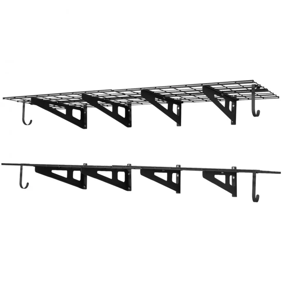VEVOR 2-Tier Heavy Duty Wall Garage Shelving, 8 Pack 1 x 3 ft Steel Wall Mounted Shelving Unit with Hooks, 24 x 72 Inch Per Shelf Floating Storage Metal Rack, 1000 lbs Total Weight Capacity, Black