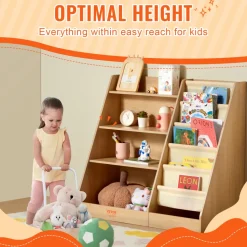 VEVOR 4-Tier Kids Wooden Bookshelf, Six-Layer Sling Bookcase, Baby Storage Book Rack, Book Toy Organizer Cabinet, for Kids Room, Playroom, Kindergarten, Nursery