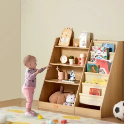 VEVOR 4-Tier Kids Wooden Bookshelf, Six-Layer Sling Bookcase, Baby Storage Book Rack, Book Toy Organizer Cabinet, for Kids Room, Playroom, Kindergarten, Nursery