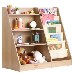 VEVOR 4-Tier Kids Wooden Bookshelf, Six-Layer Sling Bookcase, Baby Storage Book Rack, Book Toy Organizer Cabinet, for Kids Room, Playroom, Kindergarten, Nursery