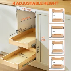VEVOR 2 Tier Pull Out Cabinet Organizer, 14"W x 21"D Cabinet Drawer, Soft Close Slide out Shelf, Heavy-Duty Sliding Wood Drawer, Adjustable Base Cabinet Organization for Kitchen Pantry Bathroom