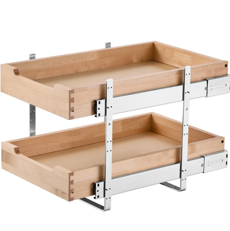 VEVOR 2 Tier Pull Out Cabinet Organizer, 14"W x 21"D Cabinet Drawer, Soft Close Slide out Shelf, Heavy-Duty Sliding Wood Drawer, Adjustable Base Cabinet Organization for Kitchen Pantry Bathroom