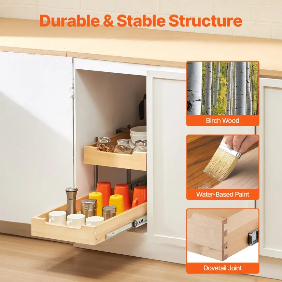 VEVOR 2 Tier Pull Out Cabinet Organizer, 14"W x 21"D Cabinet Drawer, Soft Close Slide out Shelf, Heavy-Duty Sliding Wood Drawer, Adjustable Base Cabinet Organization for Kitchen Pantry Bathroom