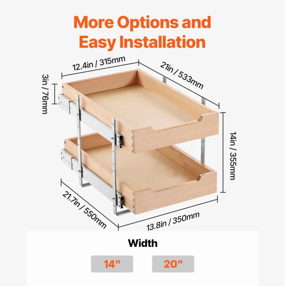 VEVOR 2 Tier Pull Out Cabinet Organizer, 14"W x 21"D Cabinet Drawer, Soft Close Slide out Shelf, Heavy-Duty Sliding Wood Drawer, Adjustable Base Cabinet Organization for Kitchen Pantry Bathroom