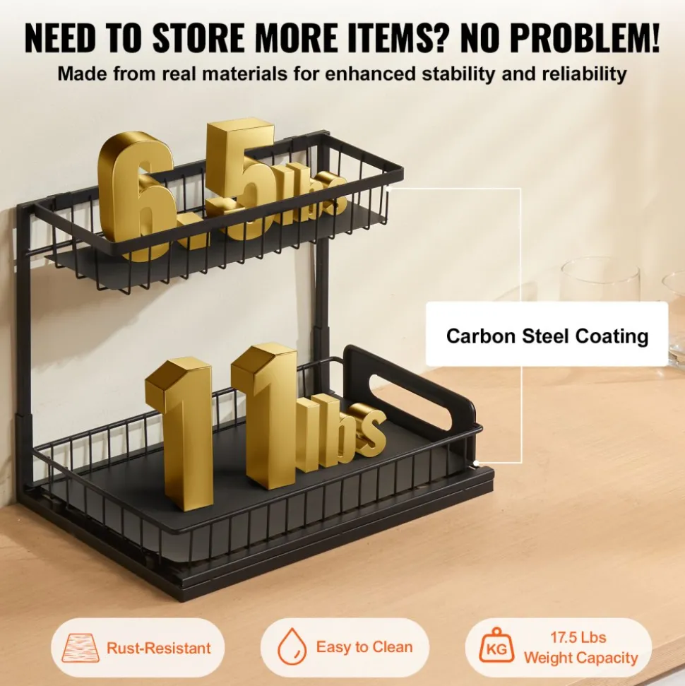 VEVOR 2 Tier Pull Out Cabinet Organizer(10.7"W x 14.2"D ), Under Sink Organizer and Storage, Slide Out Drawer Cabinet Organizer, Wire Basket Sliding Shelf, 12.5"Wx15.5"Dx13"H Install Size for Cabinet