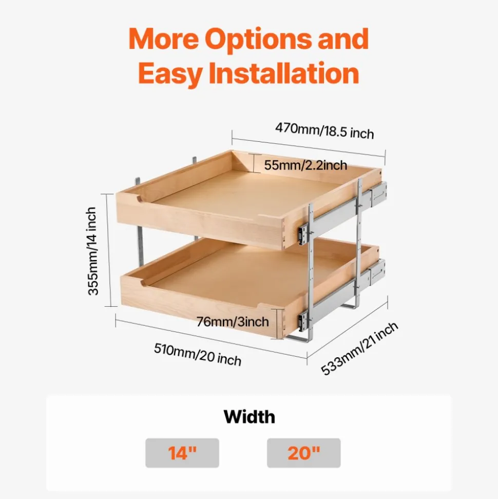 VEVOR 2 Tier Pull Out Cabinet Organizer, 20"W x 21"D Cabinet Drawer, Soft Close Slide out Shelf, Heavy-Duty Sliding Wood Drawer, Adjustable Base Cabinet Organization for Kitchen Pantry Bathroom