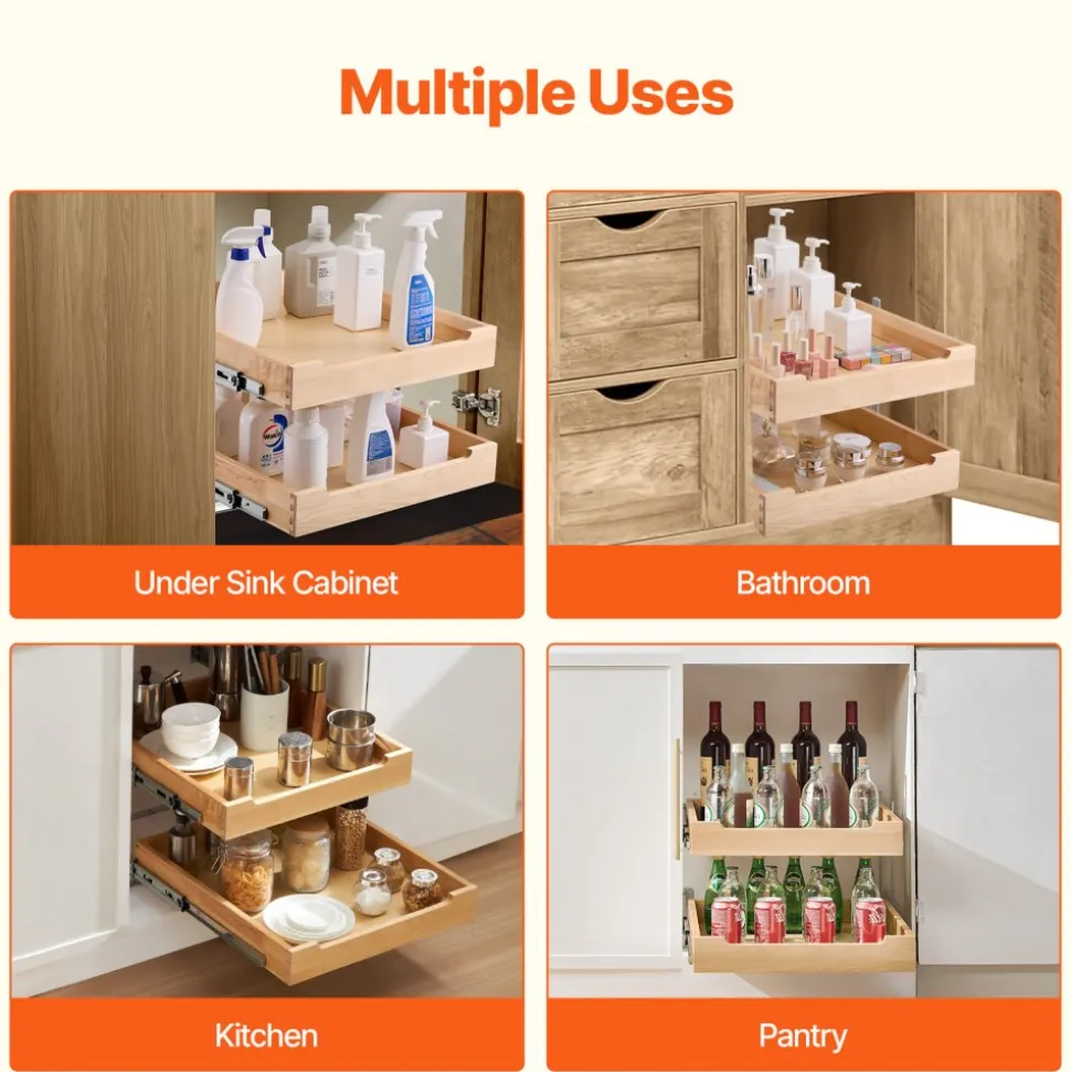 VEVOR 2 Tier Pull Out Cabinet Organizer, 20"W x 21"D Cabinet Drawer, Soft Close Slide out Shelf, Heavy-Duty Sliding Wood Drawer, Adjustable Base Cabinet Organization for Kitchen Pantry Bathroom