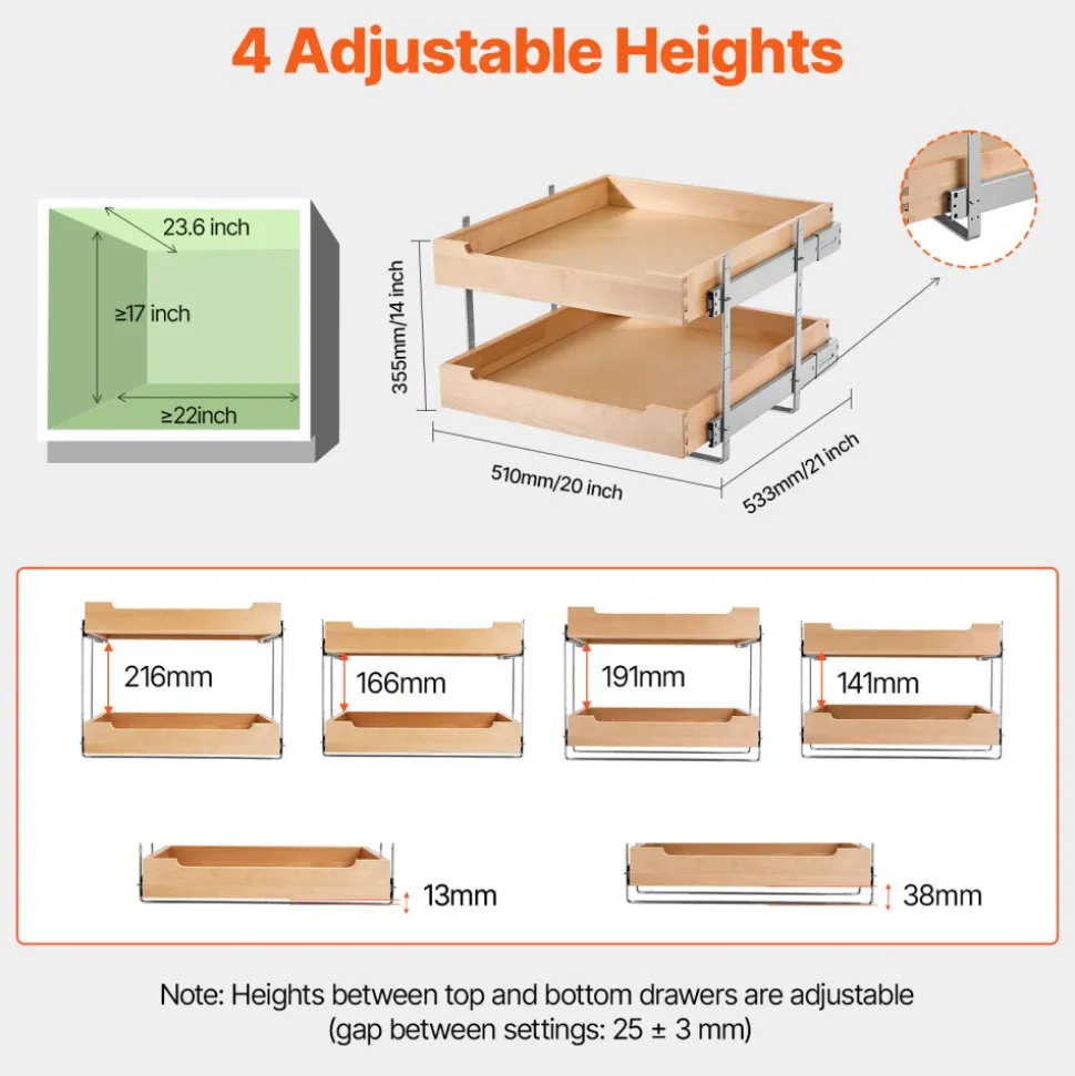 VEVOR 2 Tier Pull Out Cabinet Organizer, 20"W x 21"D Cabinet Drawer, Soft Close Slide out Shelf, Heavy-Duty Sliding Wood Drawer, Adjustable Base Cabinet Organization for Kitchen Pantry Bathroom