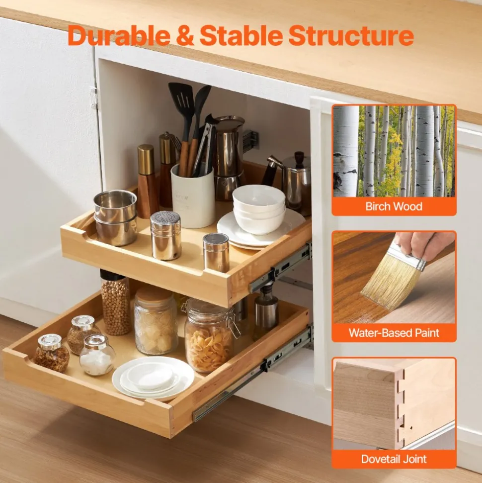 VEVOR 2 Tier Pull Out Cabinet Organizer, 20"W x 21"D Cabinet Drawer, Soft Close Slide out Shelf, Heavy-Duty Sliding Wood Drawer, Adjustable Base Cabinet Organization for Kitchen Pantry Bathroom