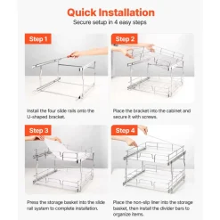 VEVOR 2 Tier Pull Out Cabinet Organizer 14.17"W x 21.06"D Slide Out Drawers, for Kitchen Bathroom Pantry Organization, Chrome-Plated Finish, Heavy Duty Steel Storage Sliding Shelves for Base Cabinets