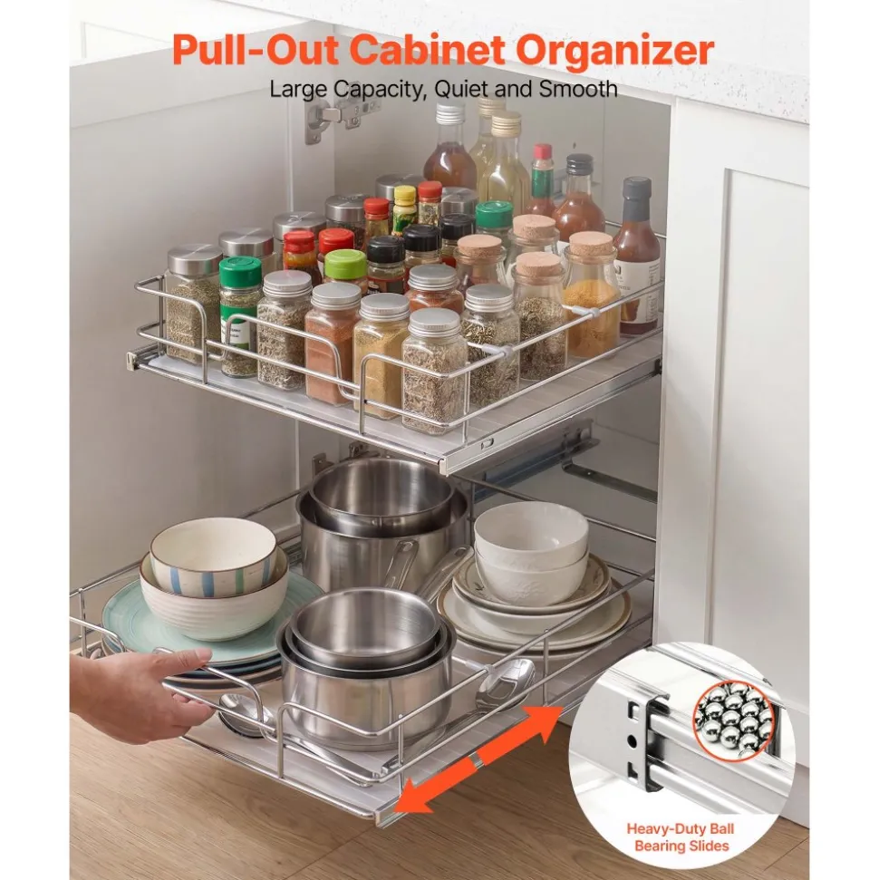 VEVOR 2 Tier Pull Out Cabinet Organizer 14.17"W x 21.06"D Slide Out Drawers, for Kitchen Bathroom Pantry Organization, Chrome-Plated Finish, Heavy Duty Steel Storage Sliding Shelves for Base Cabinets