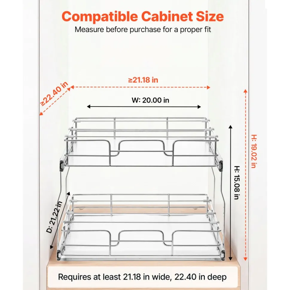 VEVOR 2 Tier Pull Out Cabinet Organizer 14.17"W x 21.06"D Slide Out Drawers, for Kitchen Bathroom Pantry Organization, Chrome-Plated Finish, Heavy Duty Steel Storage Sliding Shelves for Base Cabinets