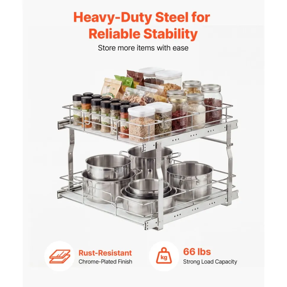 VEVOR 2 Tier Pull Out Cabinet Organizer 14.17"W x 21.06"D Slide Out Drawers, for Kitchen Bathroom Pantry Organization, Chrome-Plated Finish, Heavy Duty Steel Storage Sliding Shelves for Base Cabinets