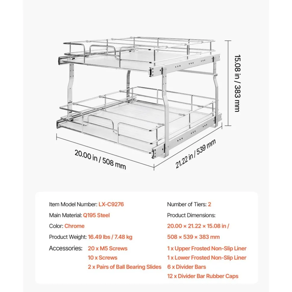 VEVOR 2 Tier Pull Out Cabinet Organizer 14.17"W x 21.06"D Slide Out Drawers, for Kitchen Bathroom Pantry Organization, Chrome-Plated Finish, Heavy Duty Steel Storage Sliding Shelves for Base Cabinets