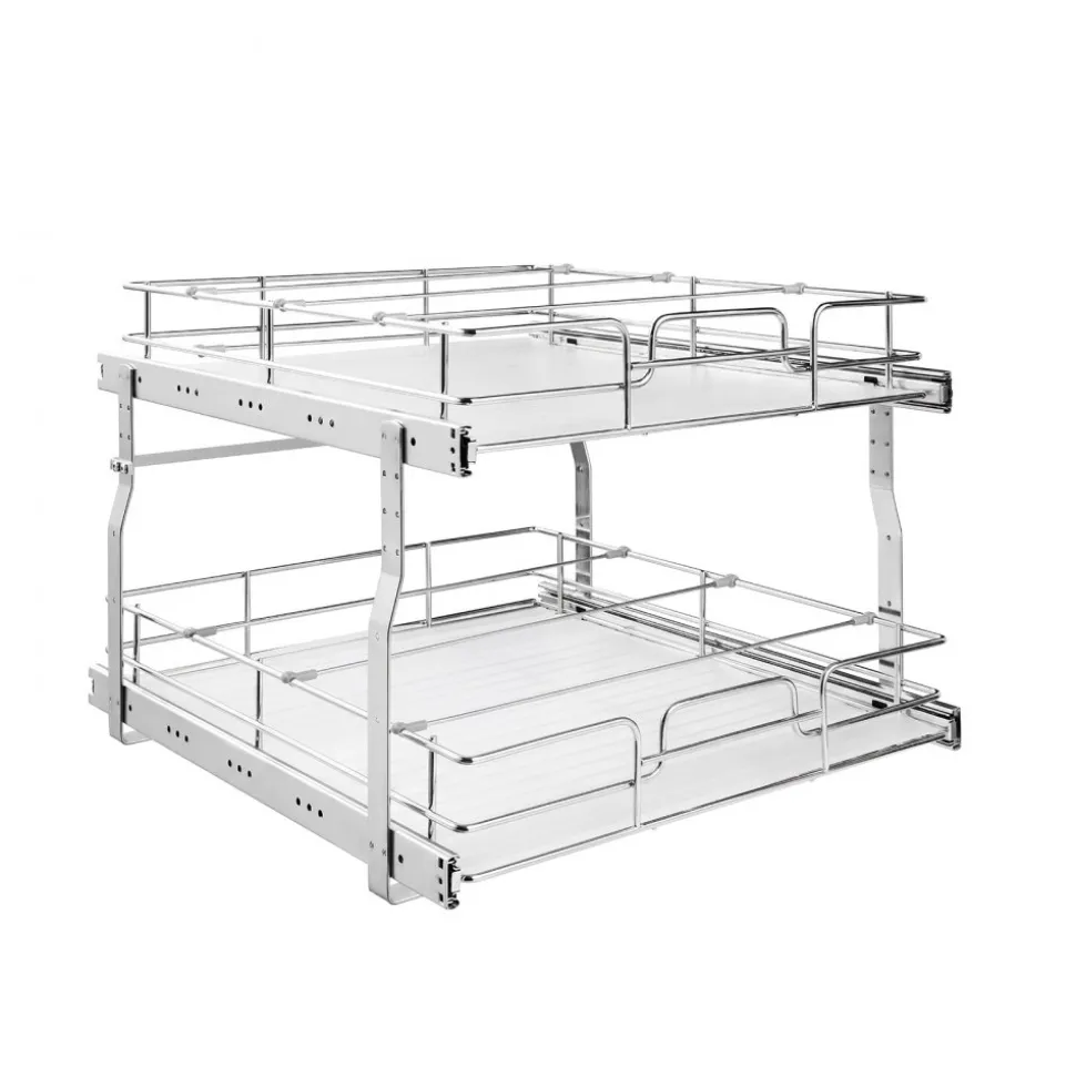 VEVOR 2 Tier Pull Out Cabinet Organizer 14.17"W x 21.06"D Slide Out Drawers, for Kitchen Bathroom Pantry Organization, Chrome-Plated Finish, Heavy Duty Steel Storage Sliding Shelves for Base Cabinets
