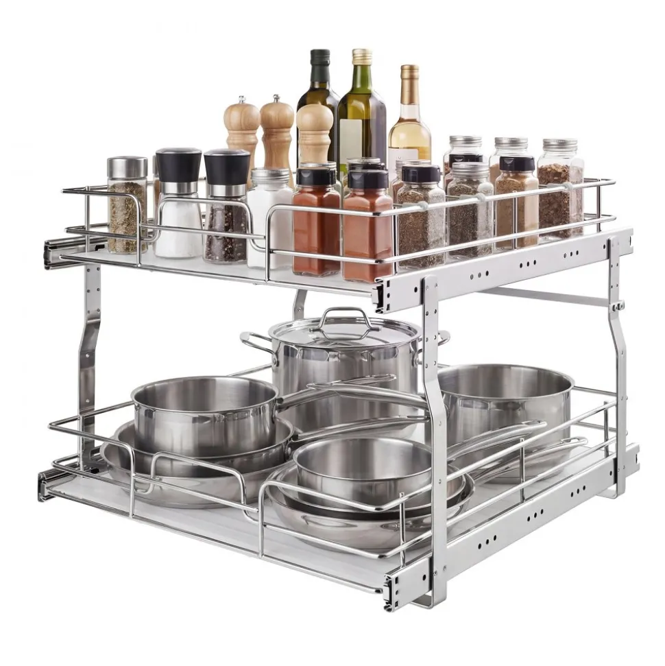 VEVOR 2 Tier Pull Out Cabinet Organizer 14.17"W x 21.06"D Slide Out Drawers, for Kitchen Bathroom Pantry Organization, Chrome-Plated Finish, Heavy Duty Steel Storage Sliding Shelves for Base Cabinets