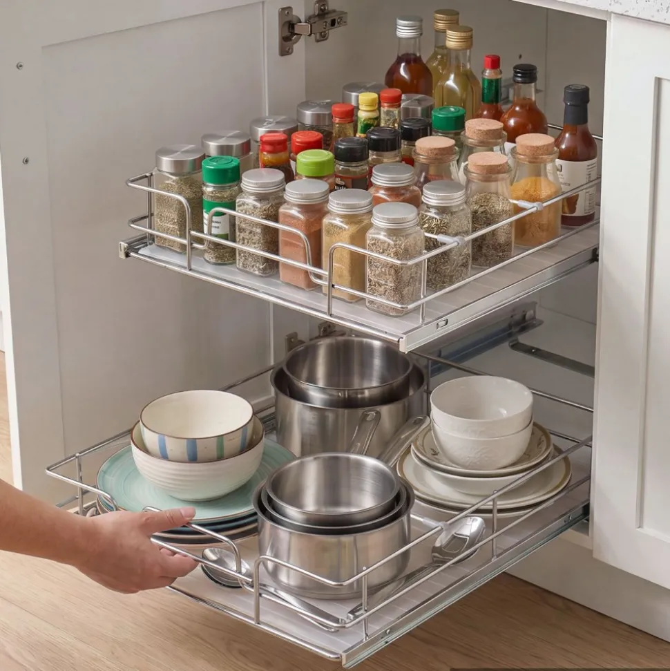 VEVOR 2 Tier Pull Out Cabinet Organizer 14.17"W x 21.06"D Slide Out Drawers, for Kitchen Bathroom Pantry Organization, Chrome-Plated Finish, Heavy Duty Steel Storage Sliding Shelves for Base Cabinets