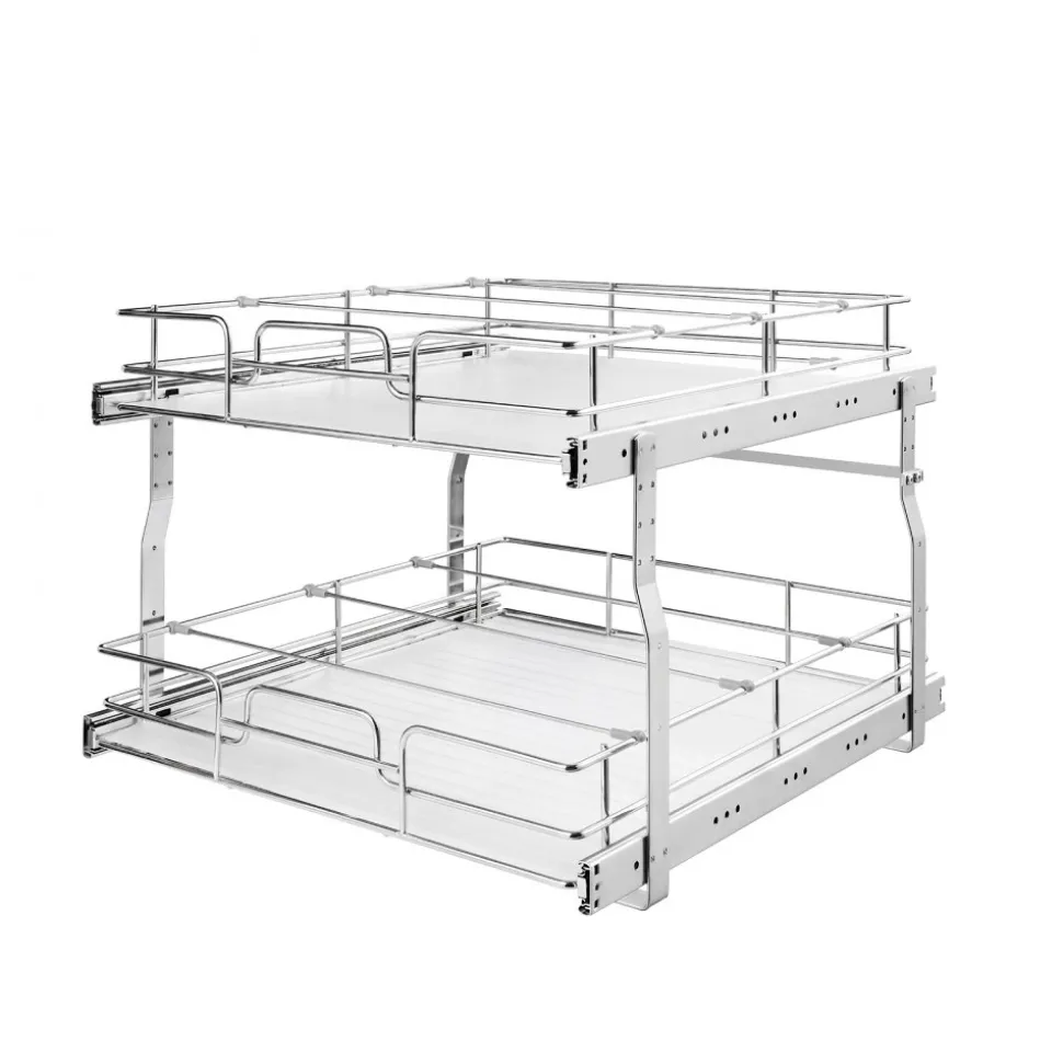 VEVOR 2 Tier Pull Out Cabinet Organizer 14.17"W x 21.06"D Slide Out Drawers, for Kitchen Bathroom Pantry Organization, Chrome-Plated Finish, Heavy Duty Steel Storage Sliding Shelves for Base Cabinets