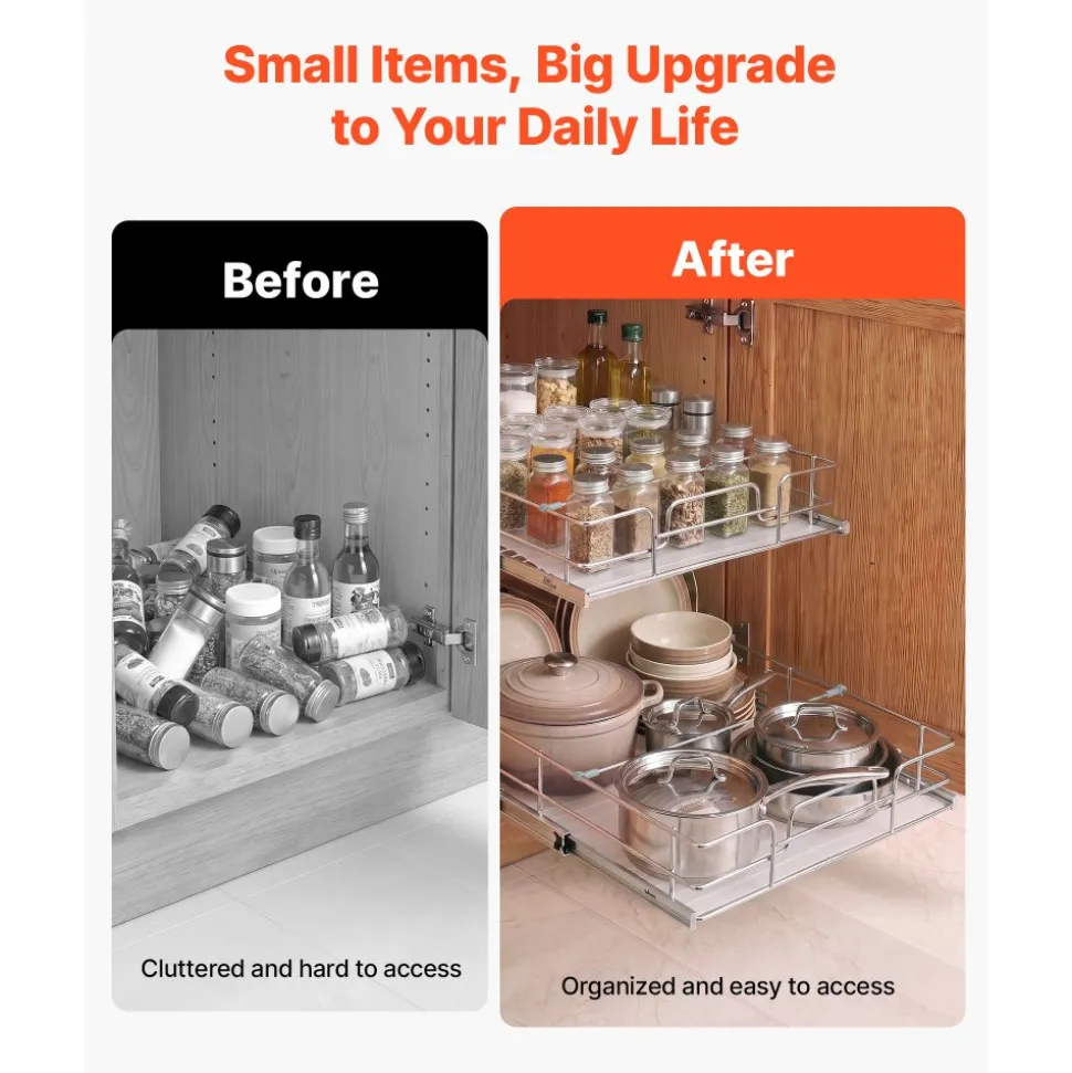 VEVOR 2 Tier Pull Out Cabinet Organizer 14.17"W x 21.06"D Slide Out Drawers, for Kitchen Bathroom Pantry Organization, Chrome-Plated Finish, Heavy Duty Steel Storage Sliding Shelves for Base Cabinets
