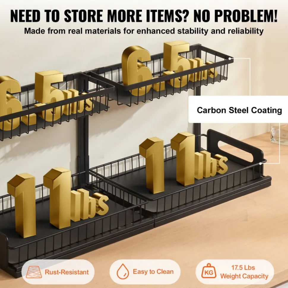 VEVOR 2 Tier Pull Out Cabinet Organizer(10.7"W x 14.2"D ), Under Sink Organizer and Storage, Slide Out Drawer Cabinet Organizer, Wire Basket Shelf, 25.5"Wx15.5"Dx13"H Install Size for Cabinet (2 Pack)